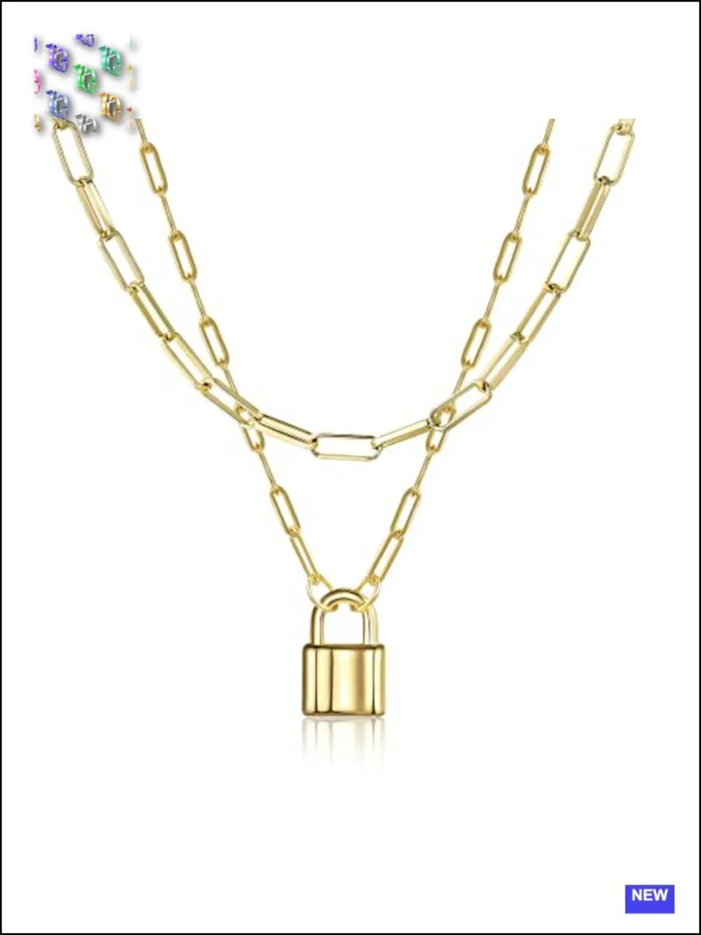 Layered Lock Necklace Set with Paperclip Chain Non-Tarnish Gold Plated